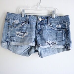 American Eagle Blue Distressed Patch Demin Mini Jean Shorts